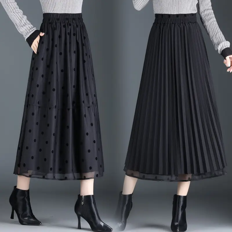 Black Polka Dot Mesh Skirt Double Sided Elastic Waist Large Swing - Image 5