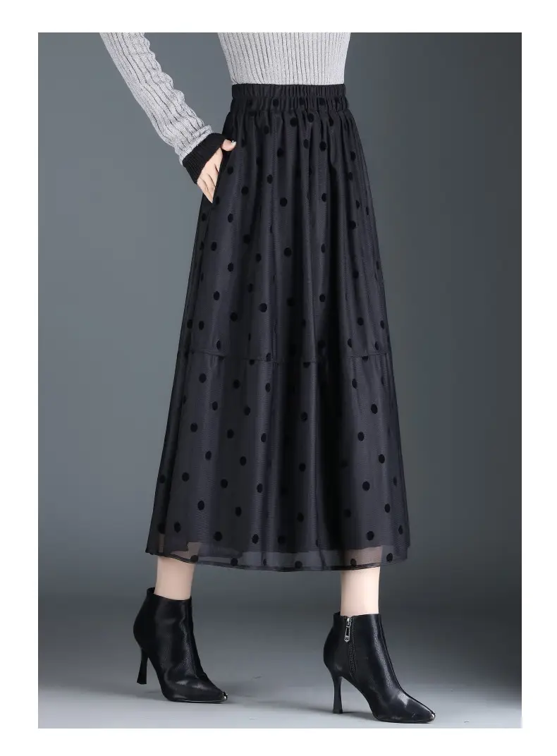 Black Polka Dot Mesh Skirt Double Sided Elastic Waist Large Swing — feature 12
