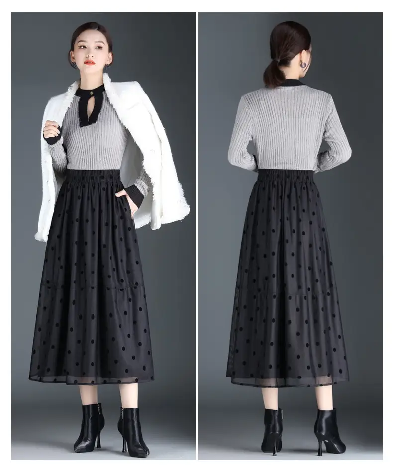 Black Polka Dot Mesh Skirt Double Sided Elastic Waist Large Swing — feature 13