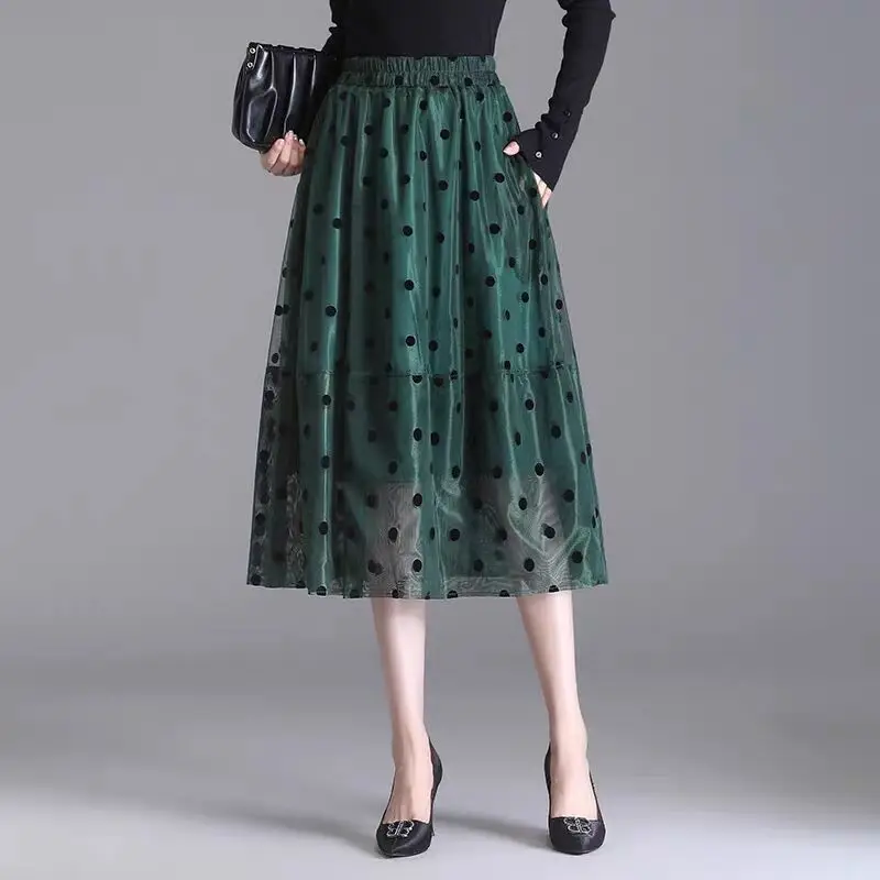 Black Polka Dot Mesh Skirt Double Sided Elastic Waist Large Swing - Image 3