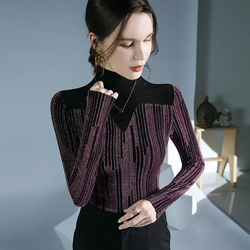 Fushengji Blue Mesh High Collar Top for Women - Image 6