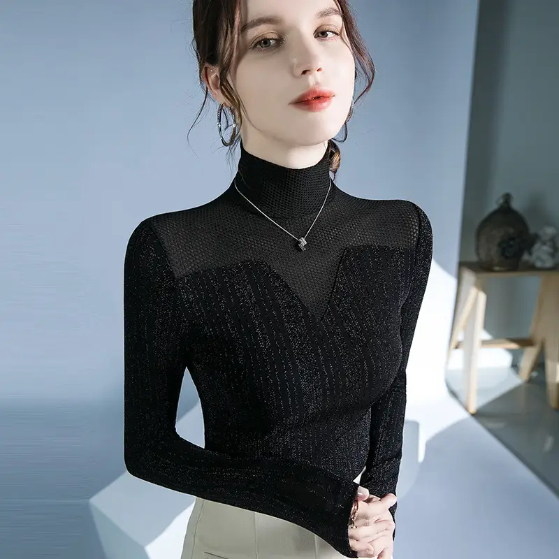 Fushengji Blue Mesh High Collar Top for Women - Image 8
