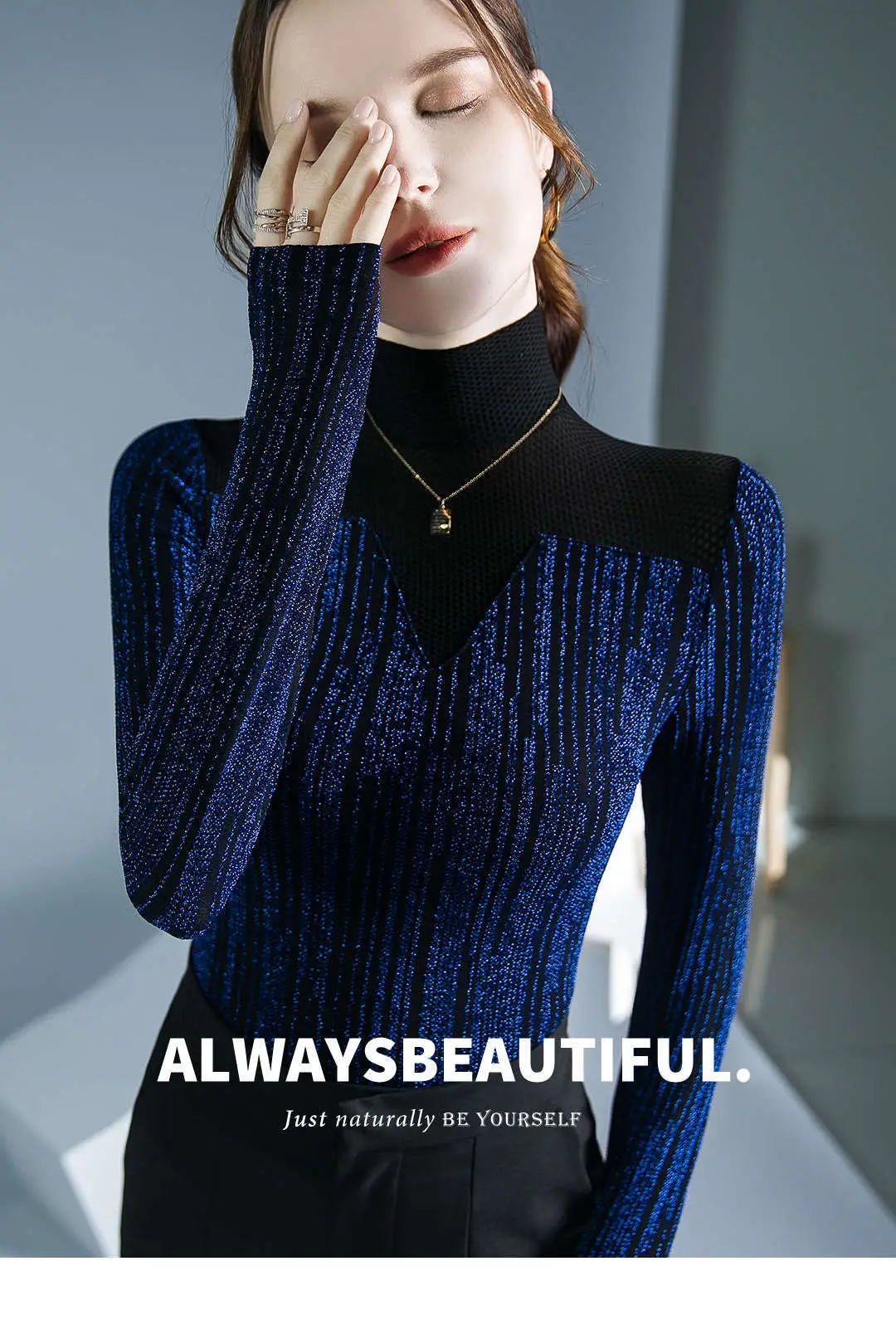 Fushengji Blue Mesh High Collar Top for Women — feature 1