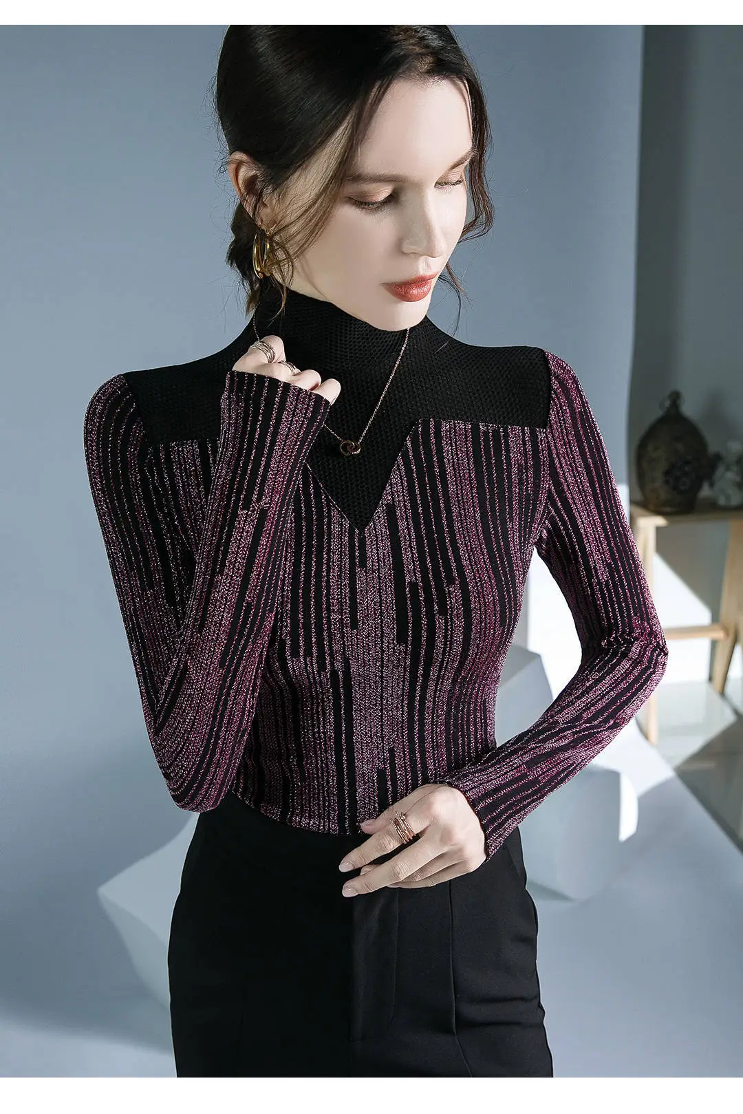 Fushengji Blue Mesh High Collar Top for Women — feature 10