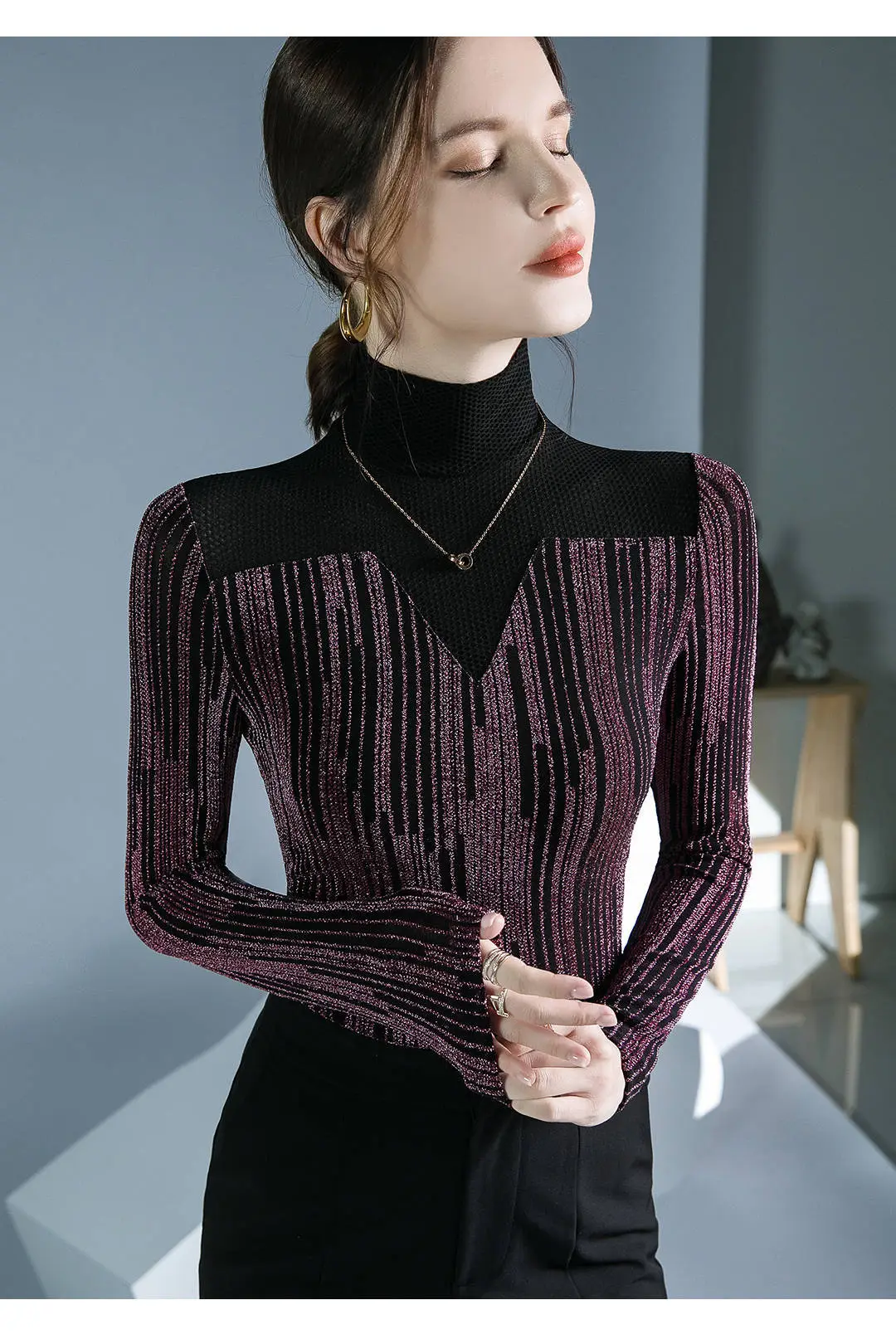 Fushengji Blue Mesh High Collar Top for Women — feature 11
