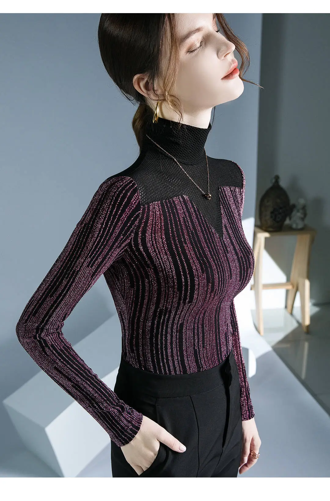 Fushengji Blue Mesh High Collar Top for Women — feature 12