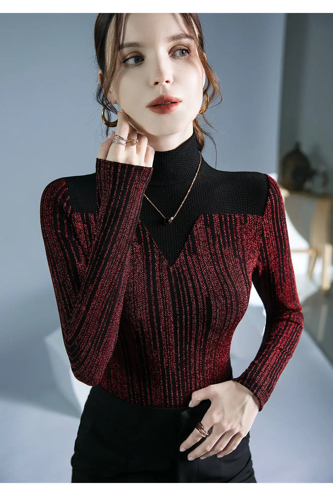 Fushengji Blue Mesh High Collar Top for Women — feature 13