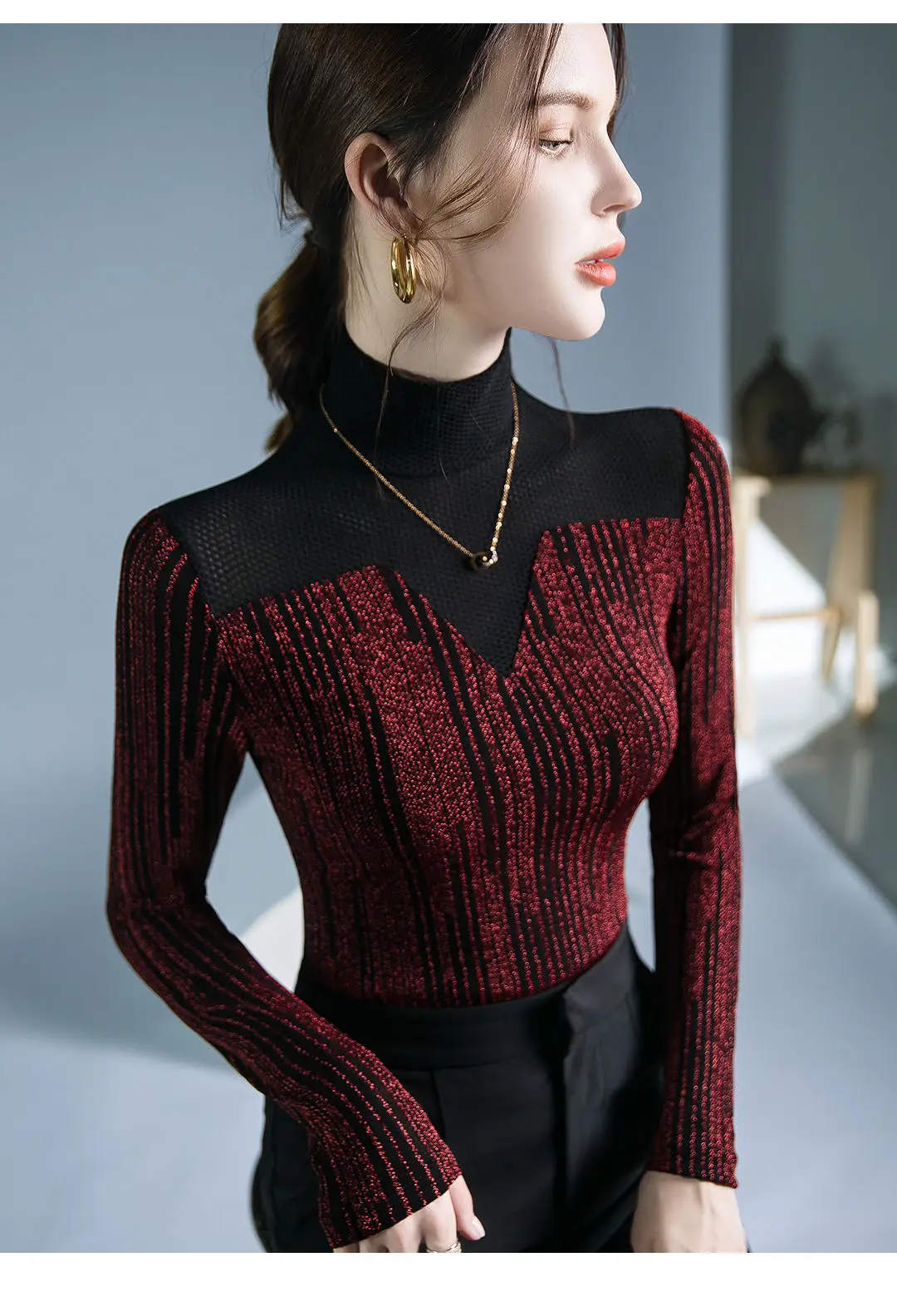 Fushengji Blue Mesh High Collar Top for Women — feature 14