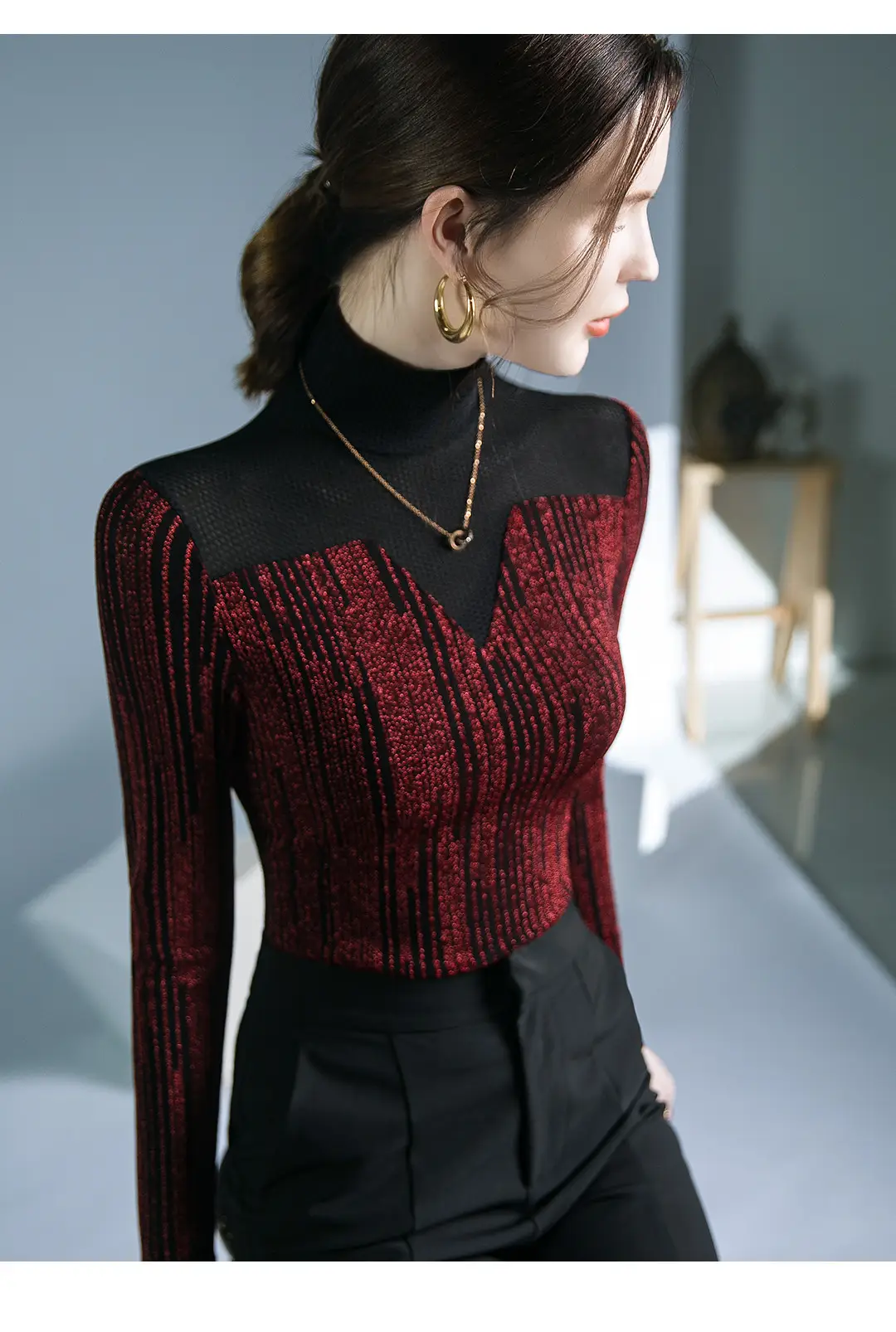 Fushengji Blue Mesh High Collar Top for Women — feature 15