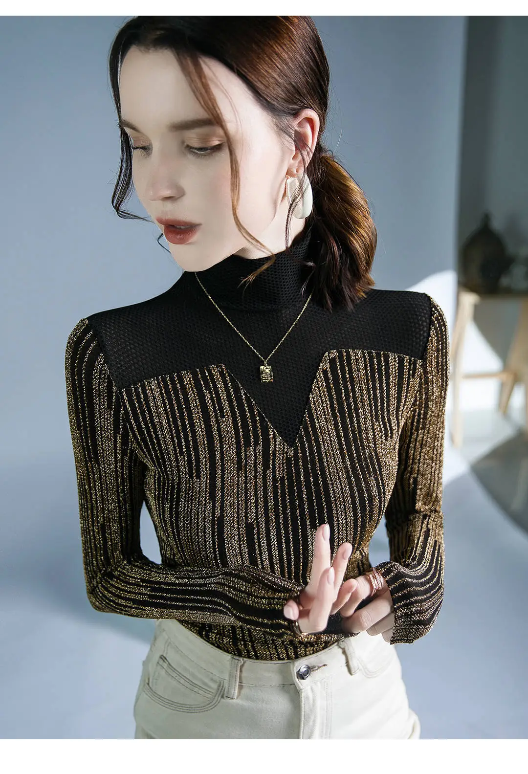 Fushengji Blue Mesh High Collar Top for Women — feature 16
