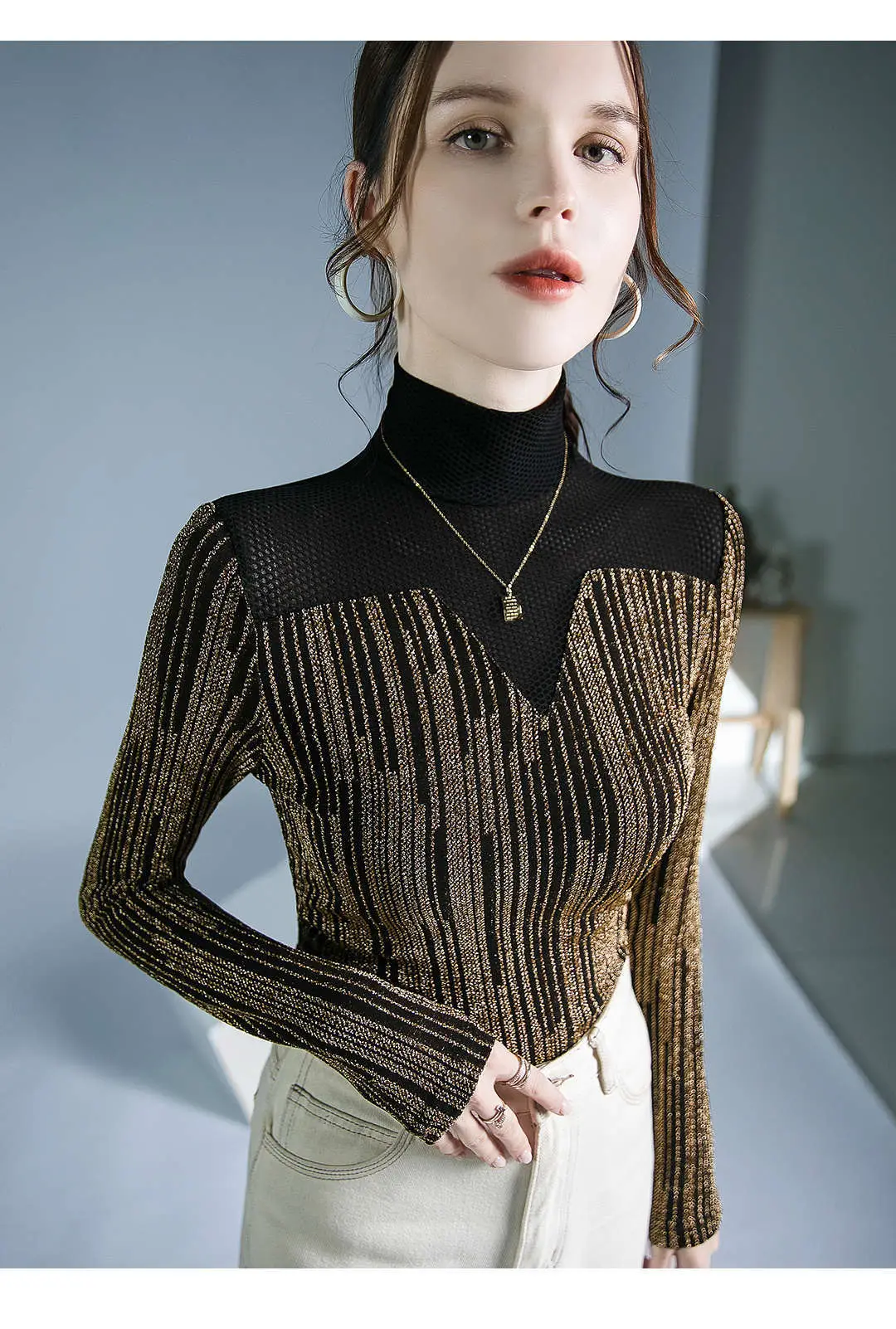 Fushengji Blue Mesh High Collar Top for Women — feature 17