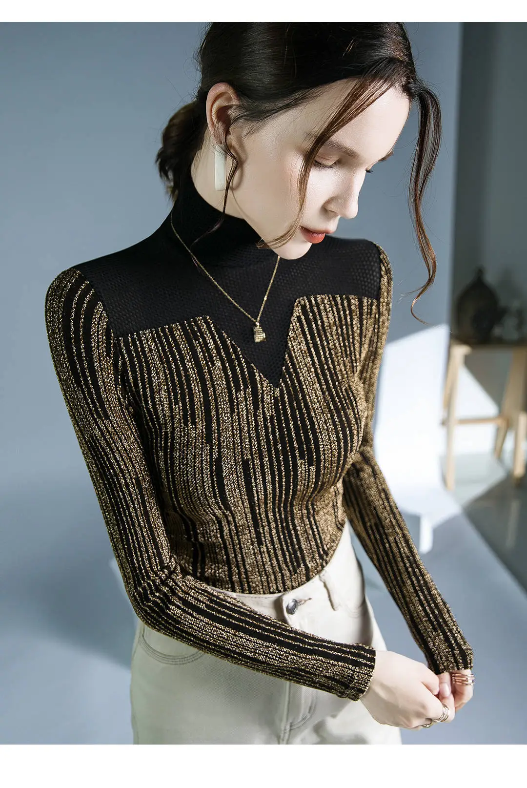 Fushengji Blue Mesh High Collar Top for Women — feature 18