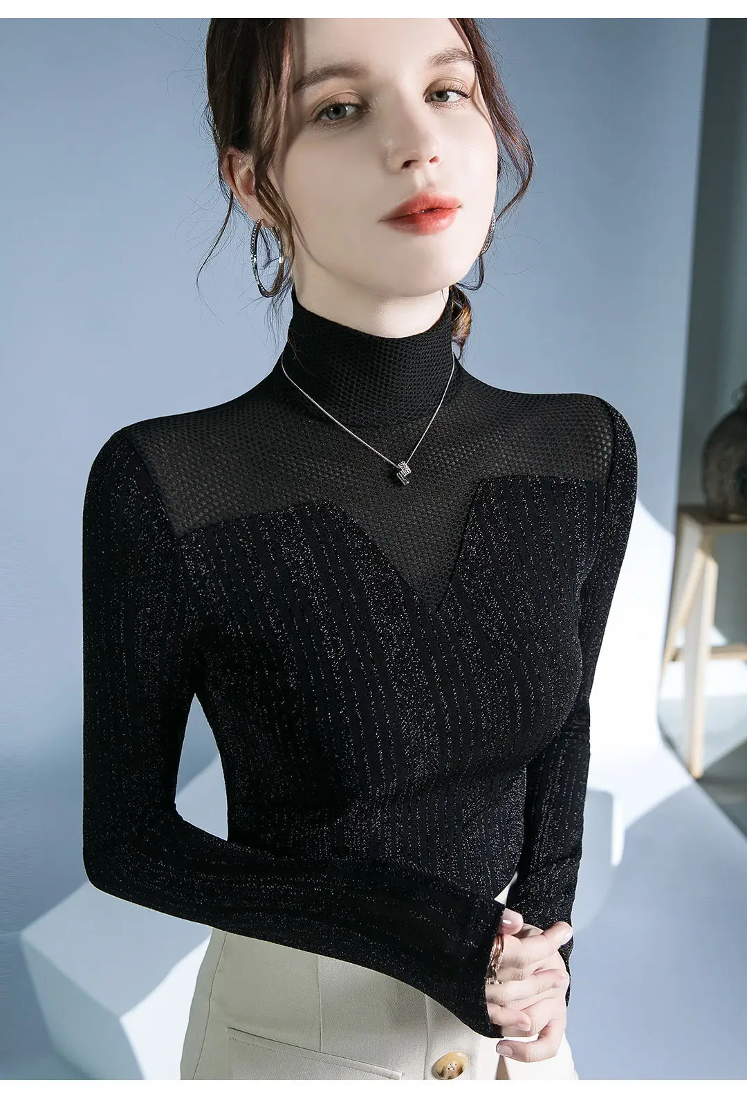 Fushengji Blue Mesh High Collar Top for Women — feature 19