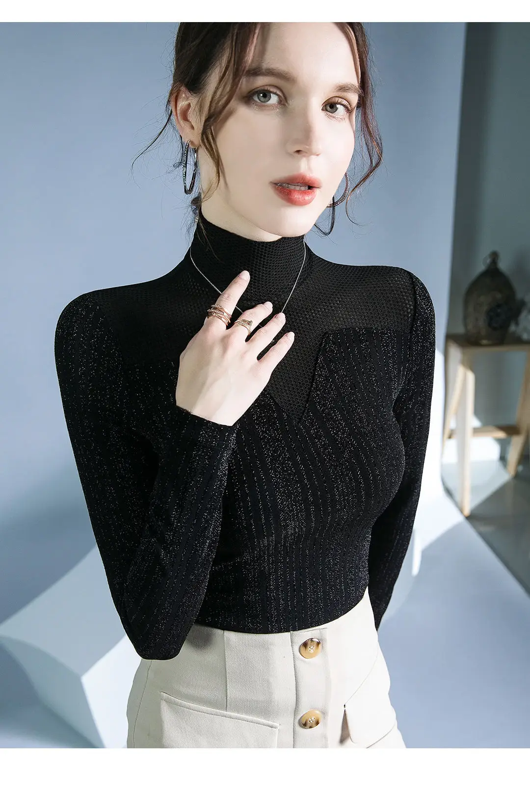 Fushengji Blue Mesh High Collar Top for Women — feature 20