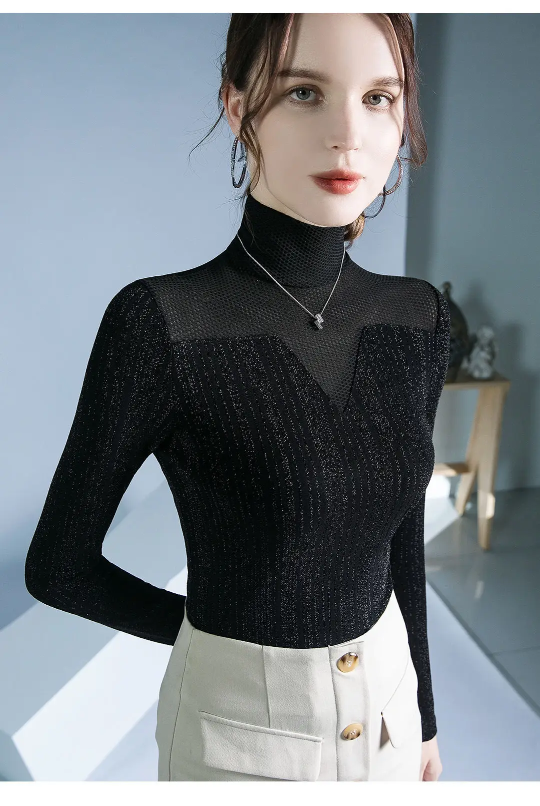 Fushengji Blue Mesh High Collar Top for Women — feature 21