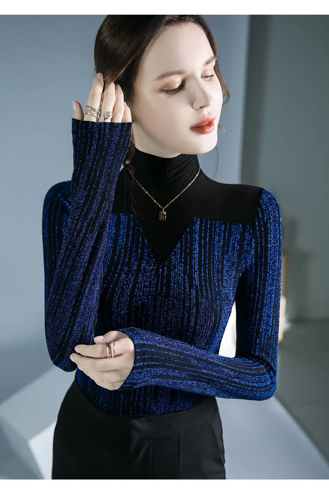 Fushengji Blue Mesh High Collar Top for Women — feature 4