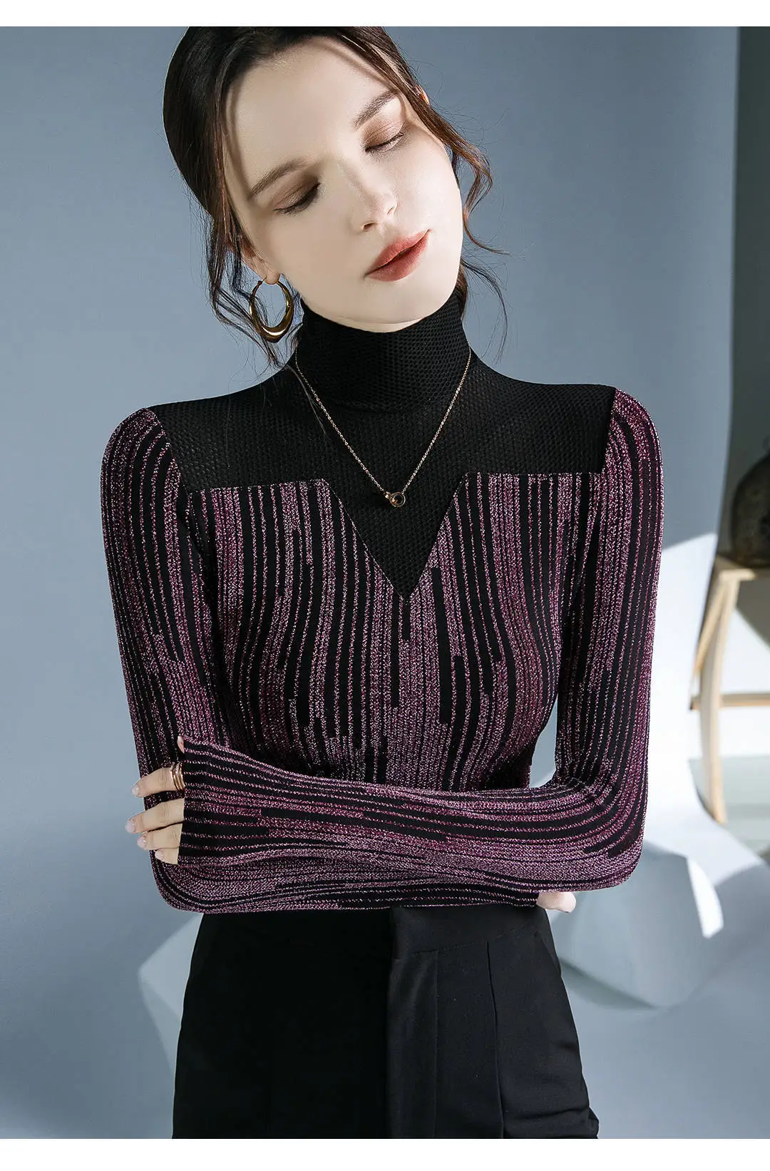 Fushengji Blue Mesh High Collar Top for Women — feature 9