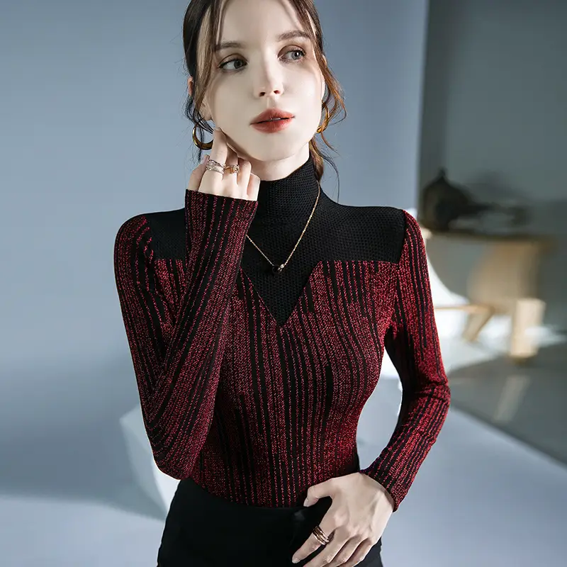 Fushengji Blue Mesh High Collar Top for Women - Image 3