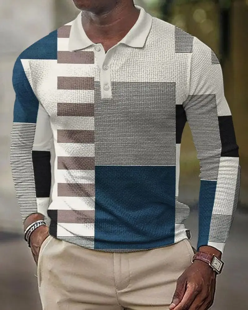 2025 Men Cross-Border 3D Printed Polo Shirt Blue Beige - Image 10