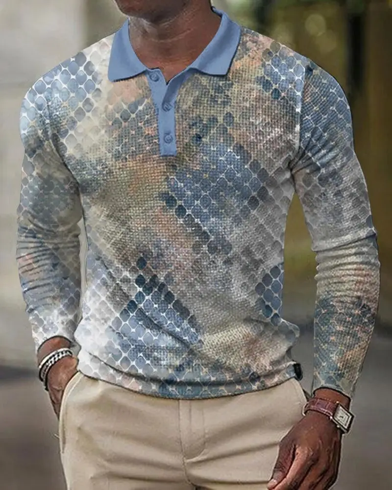 2025 Men Cross-Border 3D Printed Polo Shirt Blue Beige - Image 13
