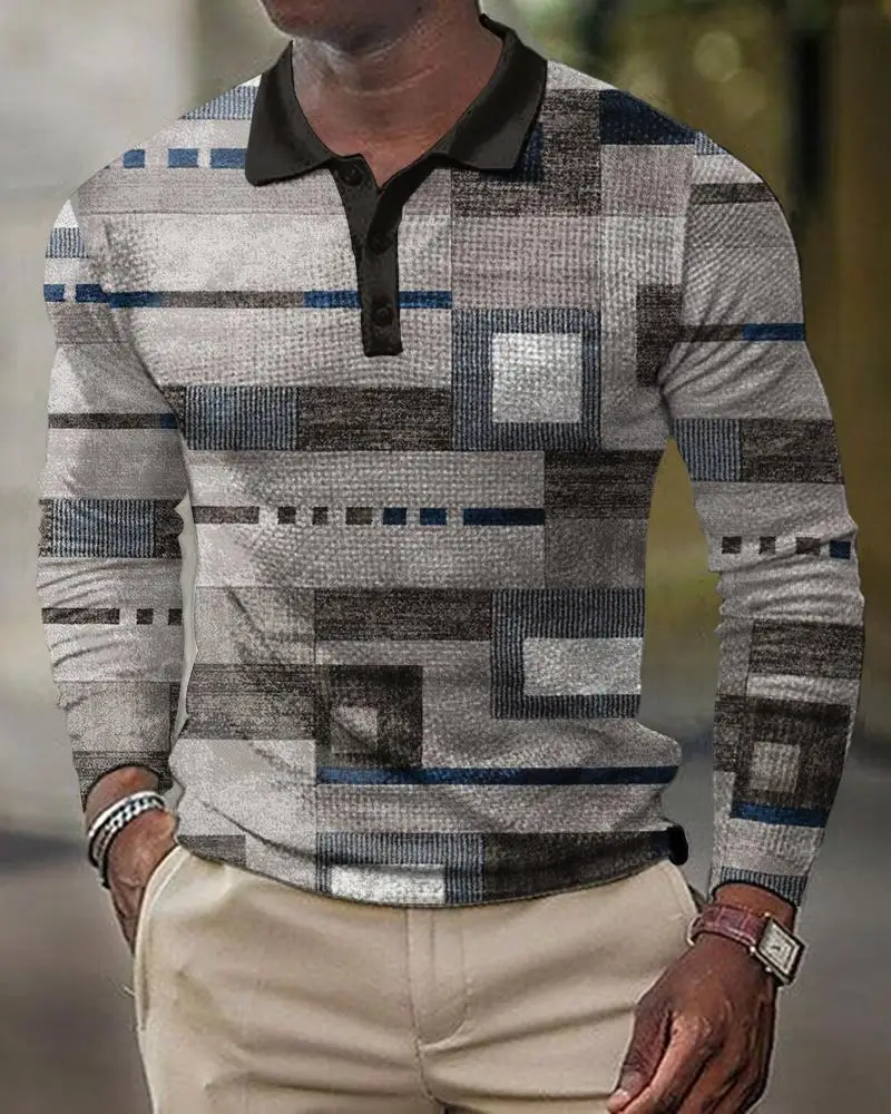 2025 Men Cross-Border 3D Printed Polo Shirt Blue Beige - Image 15