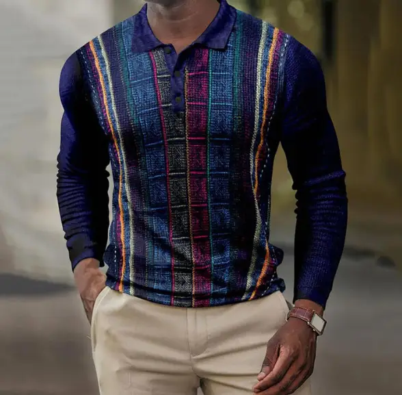 2025 Men Cross-Border 3D Printed Polo Shirt Blue Beige - Image 35