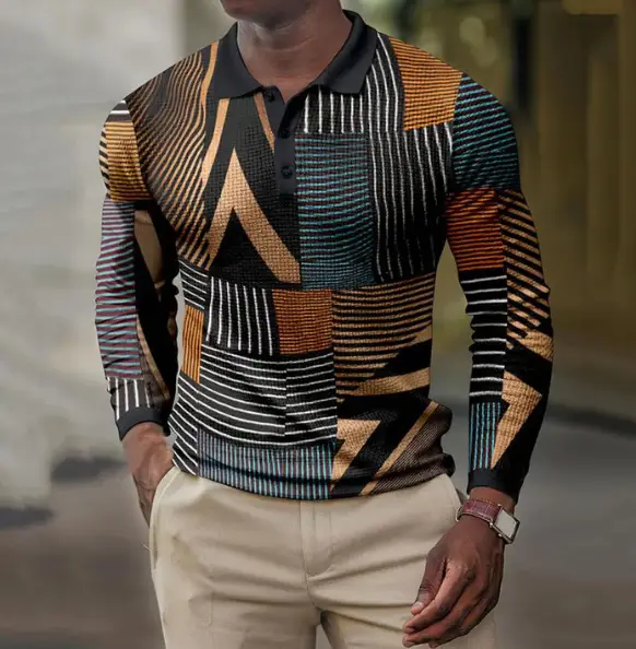 2025 Men Cross-Border 3D Printed Polo Shirt Blue Beige - Image 36