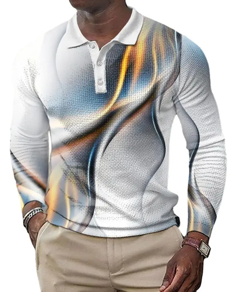 2025 Men Cross-Border 3D Printed Polo Shirt Blue Beige - Image 5