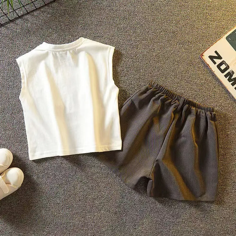 Boys Cotton Letter Vest Shorts Set White Black Casual