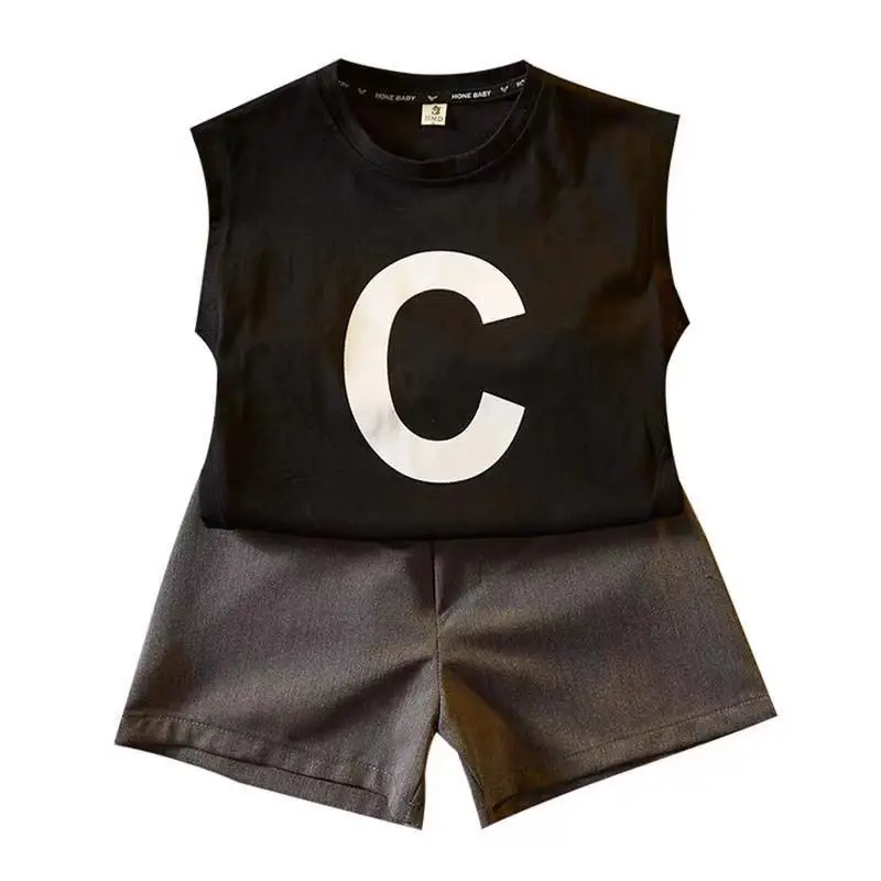 Boys Cotton Letter Vest Shorts Set White Black Casual