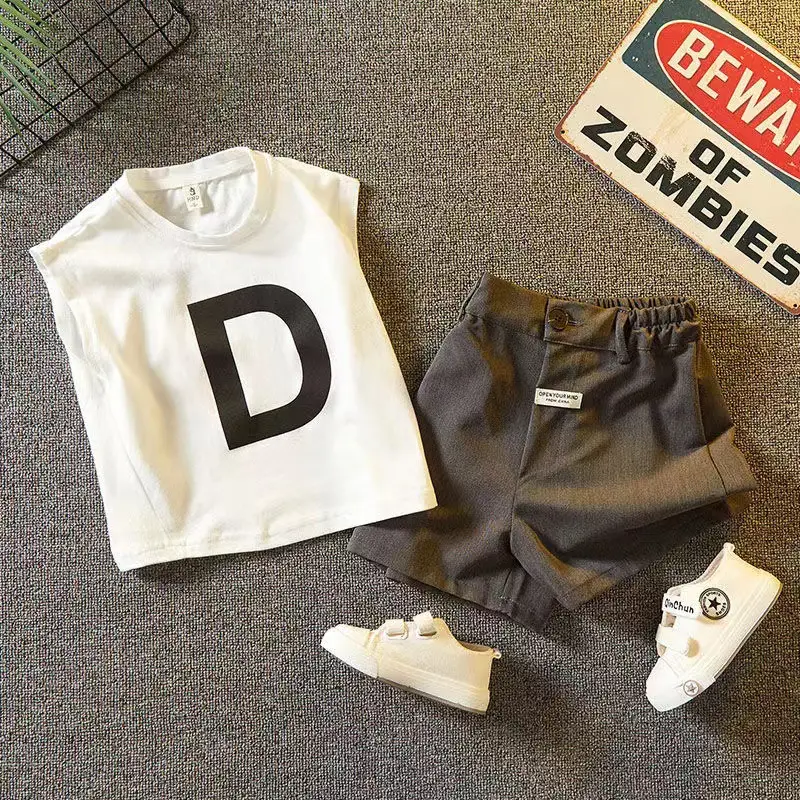 Boys Cotton Letter Vest Shorts Set White Black Casual — feature 6