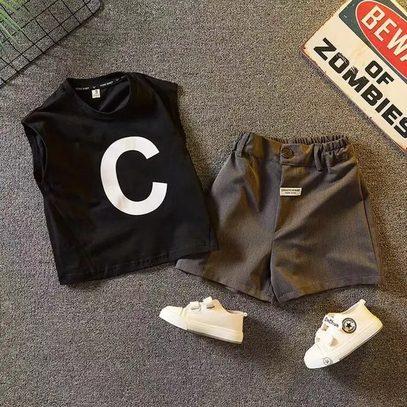 Boys Cotton Letter Vest Shorts Set White Black Casual — feature 7