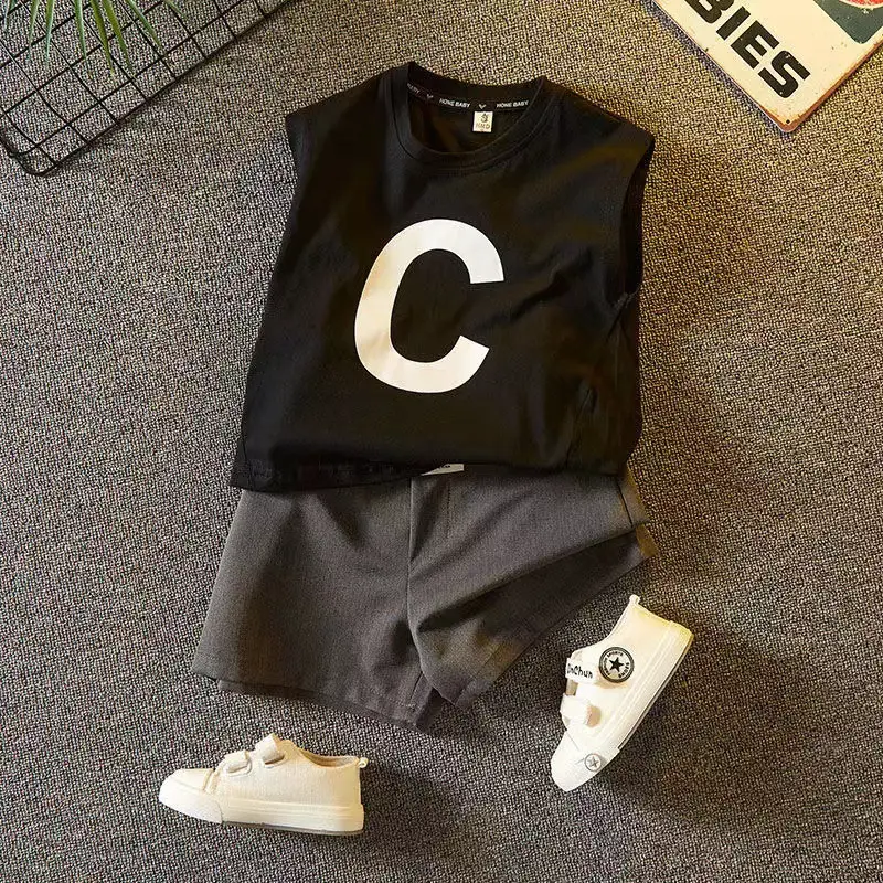 Boys Cotton Letter Vest Shorts Set White Black Casual