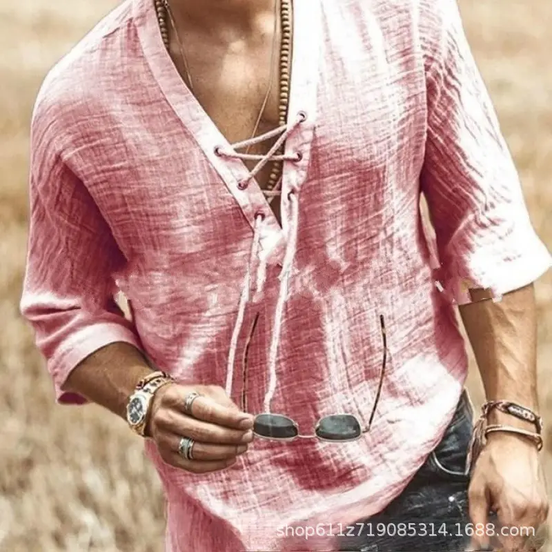 Men's Blue Cotton V-Neck Drawstring T-Shirt 2025 - Image 2