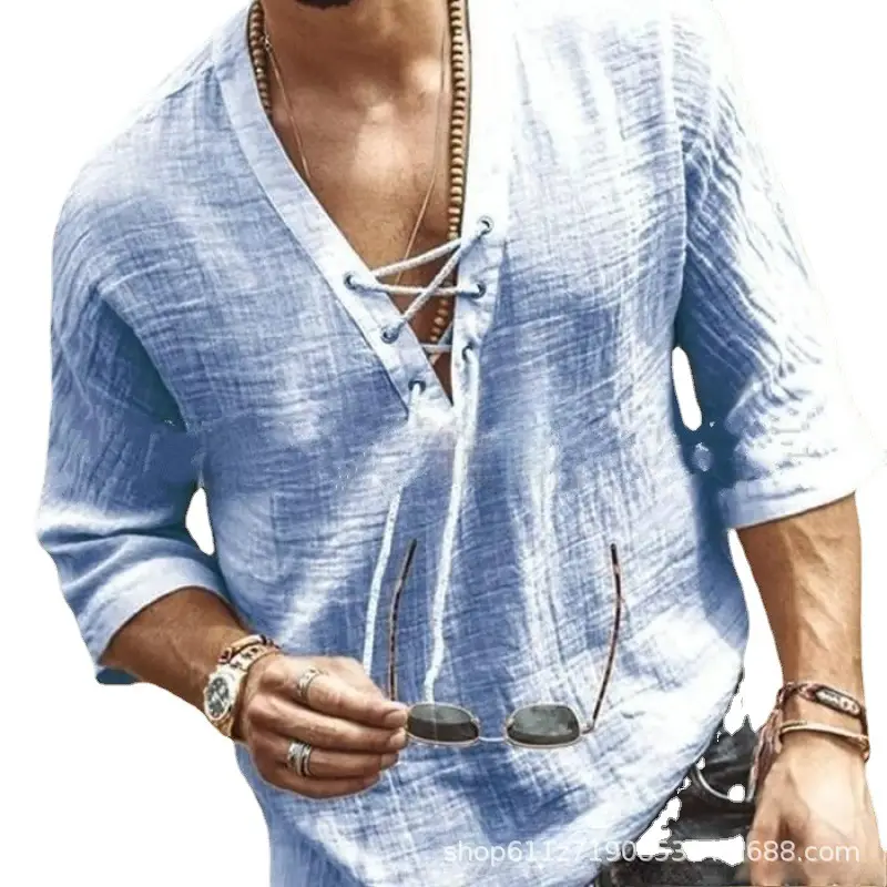 Men's Blue Cotton V-Neck Drawstring T-Shirt 2025 - Image 9