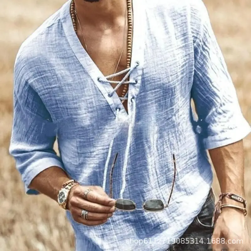 Men's Blue Cotton V-Neck Drawstring T-Shirt 2025 - Image 5