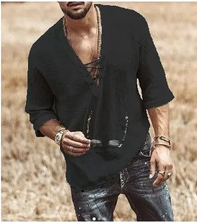 Men's Blue Cotton V-Neck Drawstring T-Shirt 2025 - Image 6