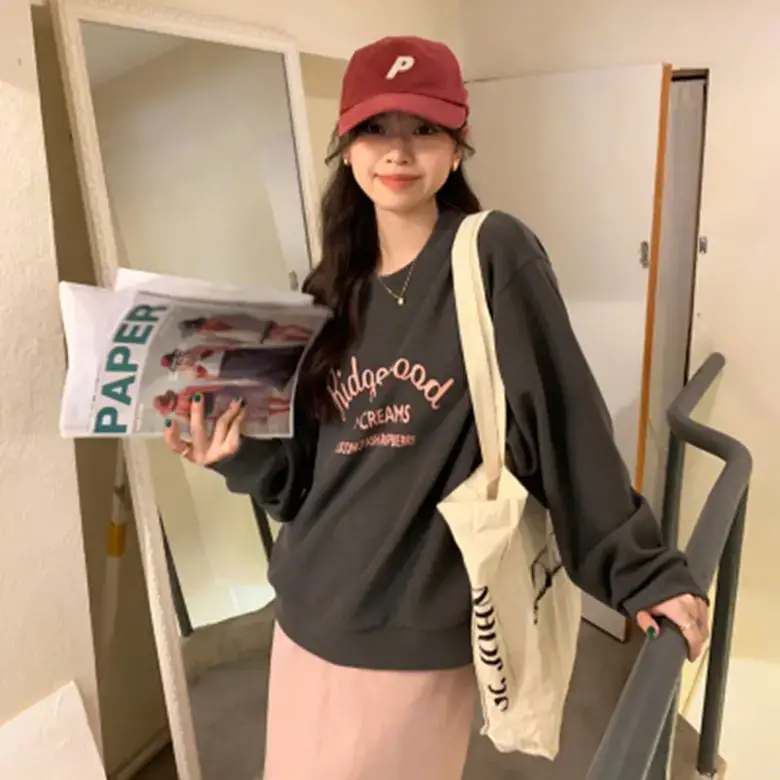Women Printed Long Sleeve Sweater Gray American Style - Image 6