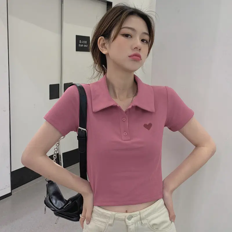 Women Cotton Polo Shirt Pink Short Sleeve Cross Border - Image 4
