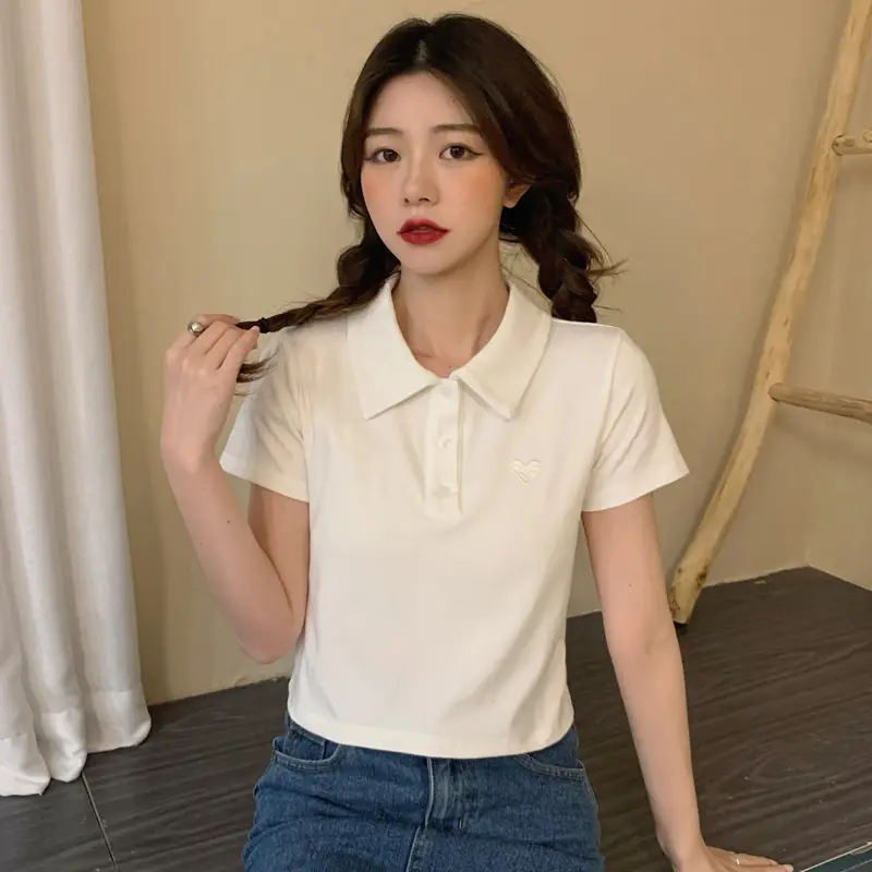 Women Cotton Polo Shirt Pink Short Sleeve Cross Border â feature 1