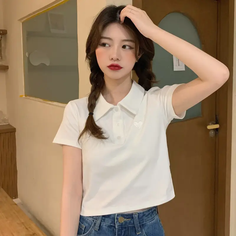 Women Cotton Polo Shirt Pink Short Sleeve Cross Border â feature 3