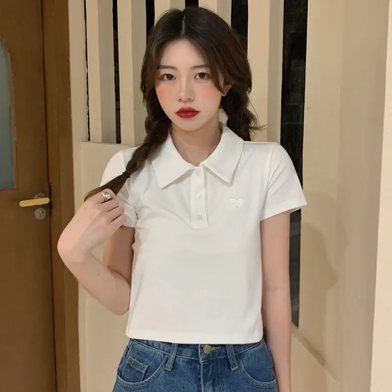 Women Cotton Polo Shirt Pink Short Sleeve Cross Border â feature 4