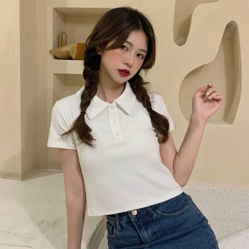 Women Cotton Polo Shirt Pink Short Sleeve Cross Border â feature 5