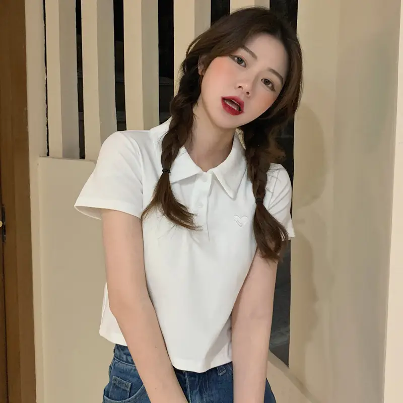 Women Cotton Polo Shirt Pink Short Sleeve Cross Border â feature 7