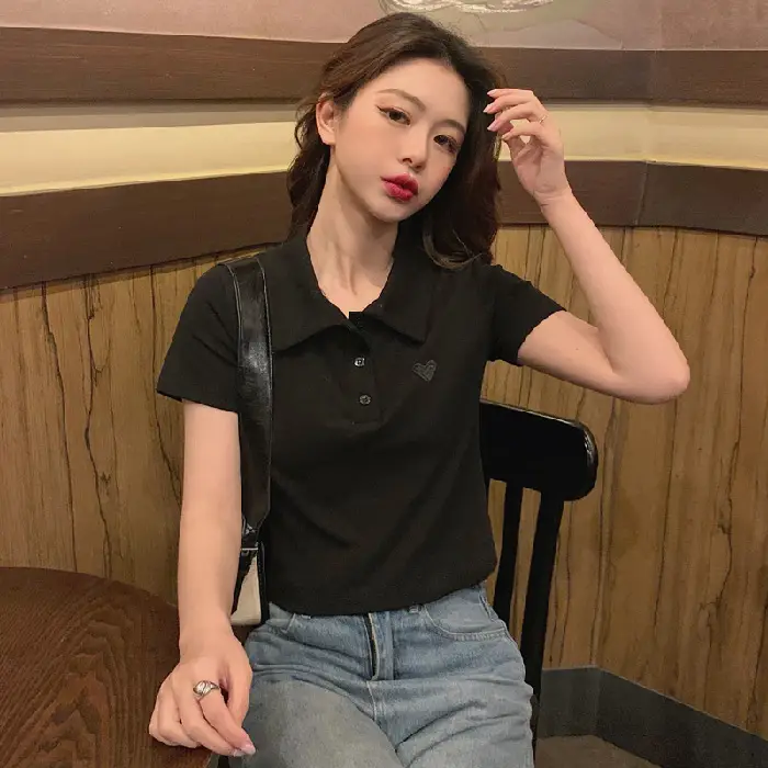 Women Cotton Polo Shirt Pink Short Sleeve Cross Border - Image 2