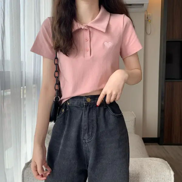 Women Cotton Polo Shirt Pink Short Sleeve Cross Border - Image 5