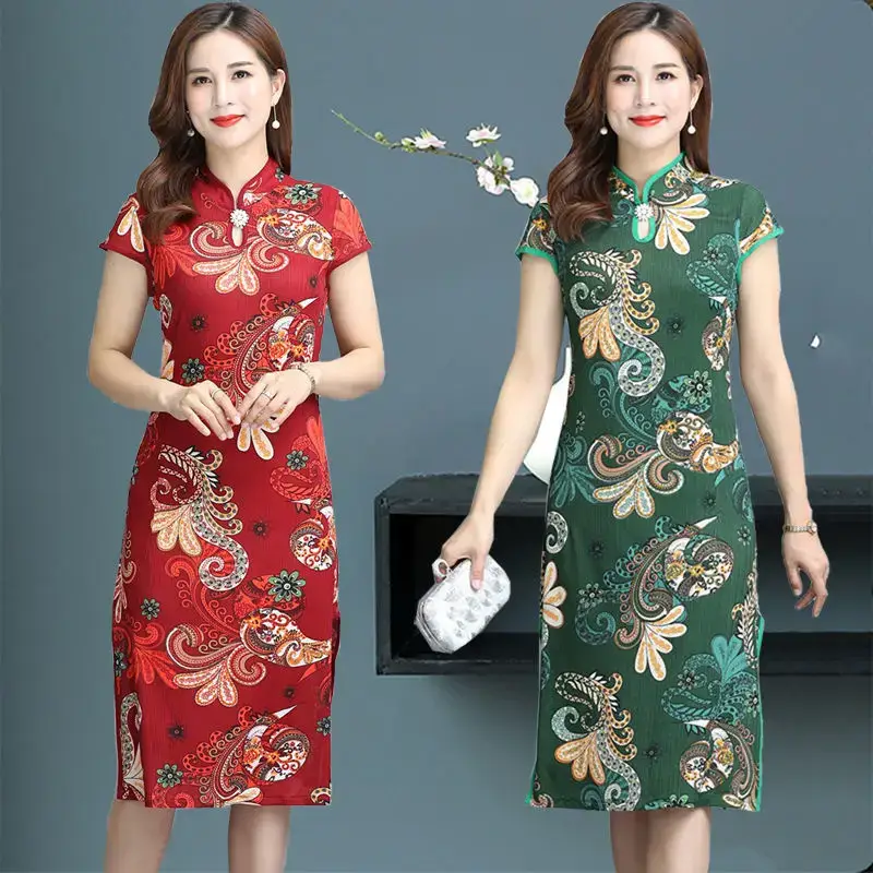 Red Printed Cheongsam Dress Women Summer 2023 - Image 5
