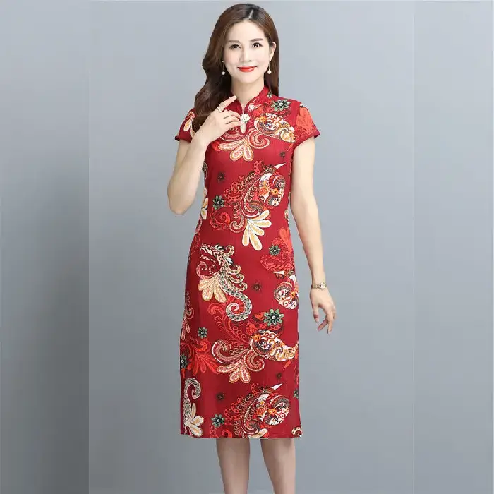 Red Printed Cheongsam Dress Women Summer 2023 - Image 2