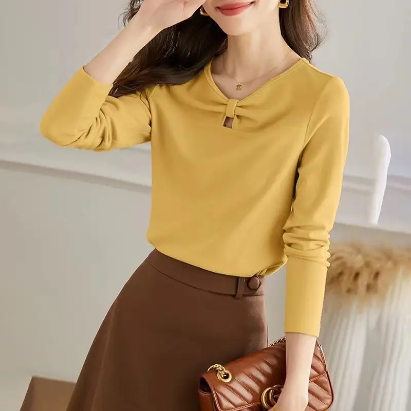 Women V-Neck T-Shirt Black 2022 Winter Long Sleeve - Image 6