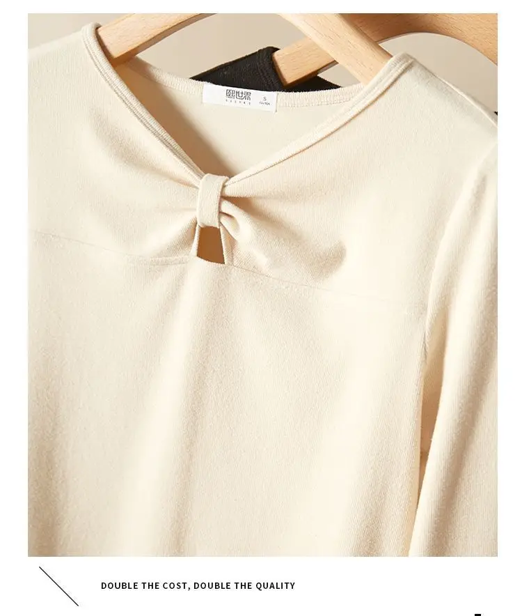 Women V-Neck T-Shirt Black 2022 Winter Long Sleeve — feature 36